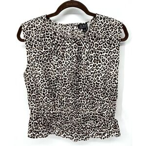 J. Crew Hyacinth Top S Tan Black Leopard Cotton Poplin Smocked Waist Sleeveless